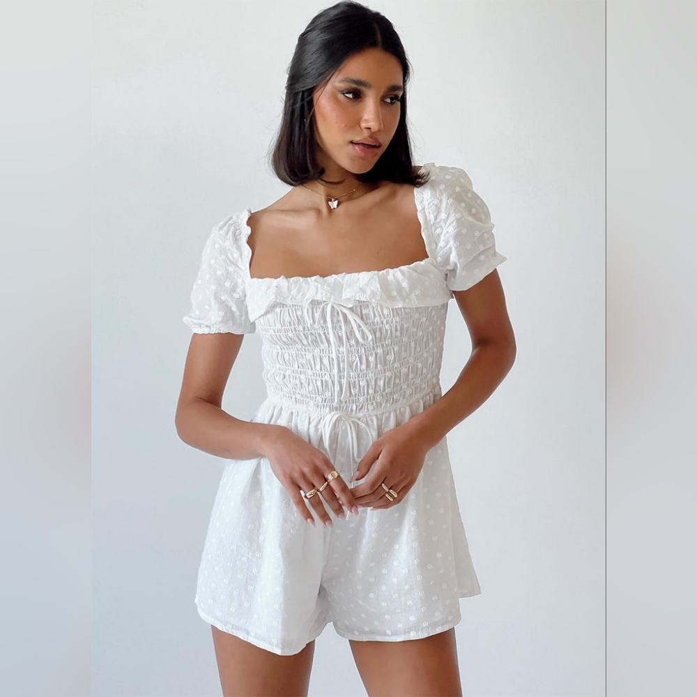 Princess Polly White Leni Short Sleeve Eyelet Ruffle Romper Size 4US
